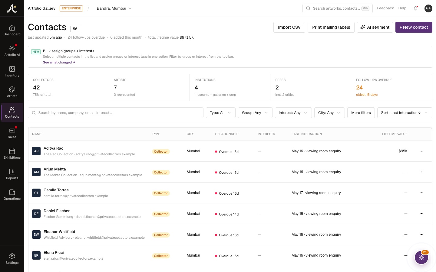 Collector CRM and engagement timeline in Artfolio