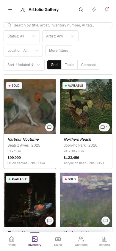Artfolio inventory on mobile
