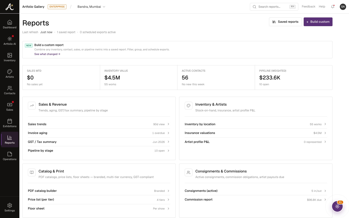 Commission and payout reporting in Artfolio